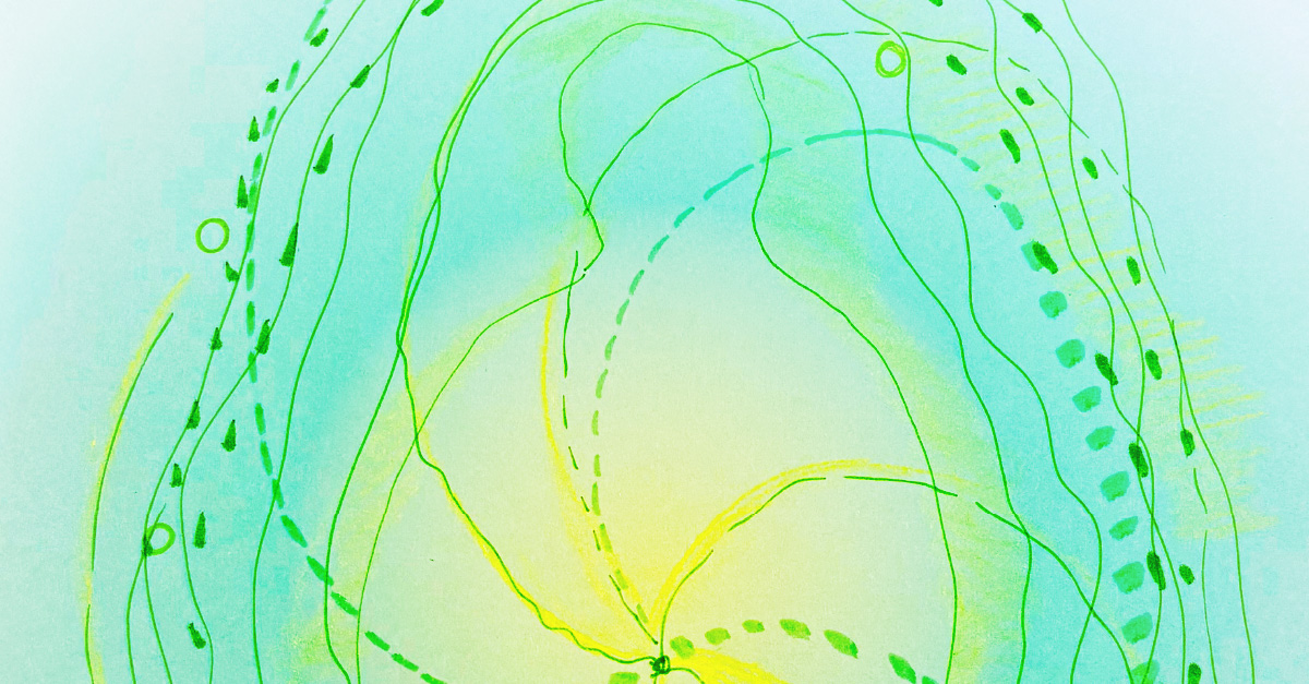 Lichtlijntekening in groen-gele tinten die de stromende en dragende energie van de Generator in Human Design weerspiegelt.