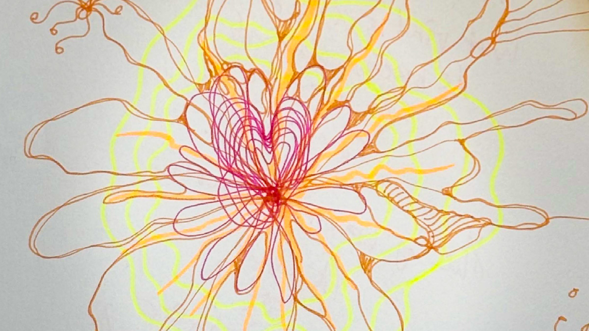 Detail van een Lichtlijn-tekening bij Human Design Poort 38, met een hartvormige kern en vloeiende lijnen die trouw blijven aan wat van betekenis is verbeelden.