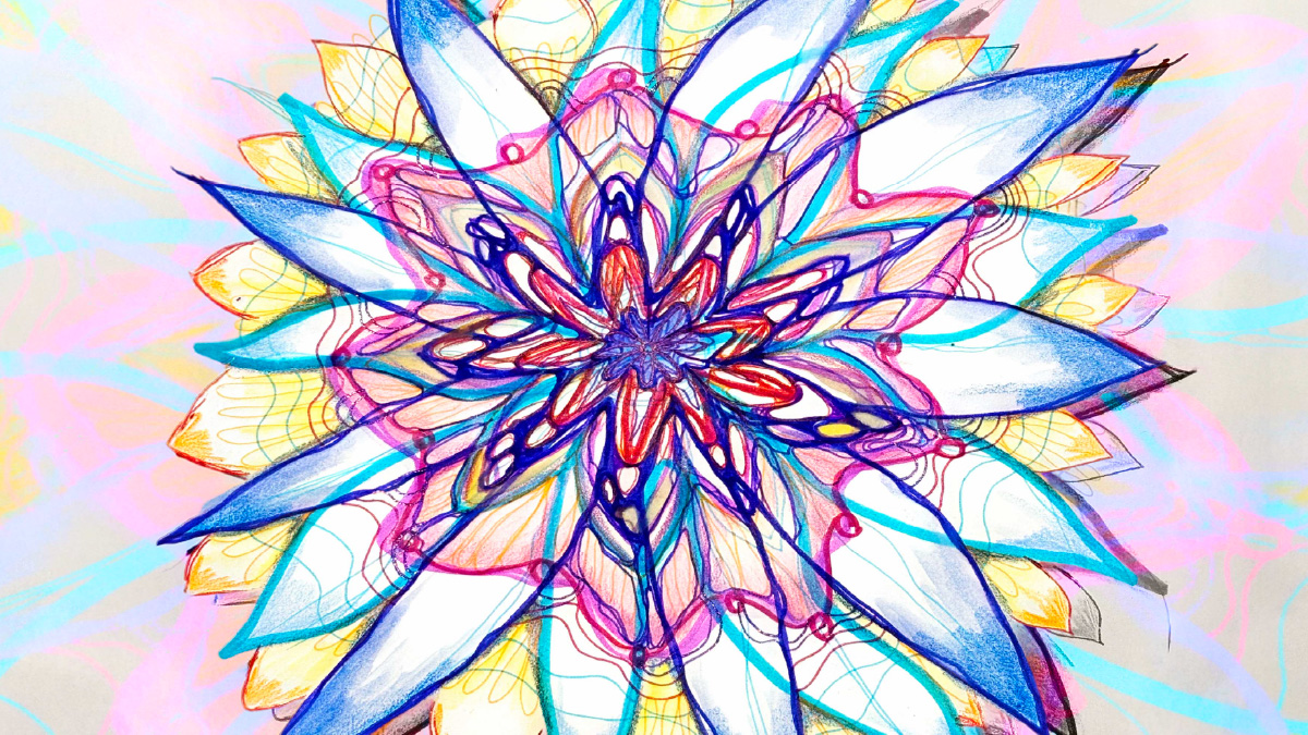 poort13-lichtlijnen-blog-80 Intuïtieve lijntekening van Human Design Poort 13, een organische mandala in zachte kleuren die het luisteren naar innerlijke verhalen verbeeldt.