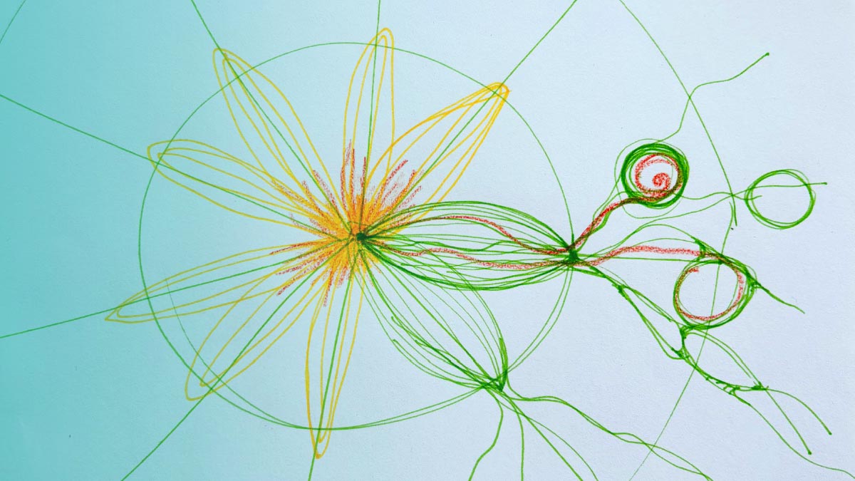 Bloemkompas tekening in wording met lijnen en cirkels als symbool voor innerlijke beweging en richting vinden
