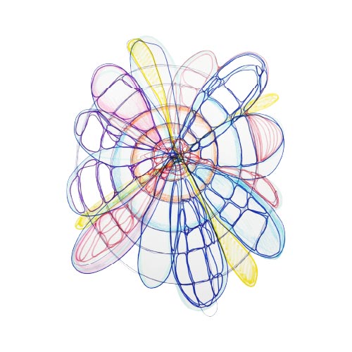 Kleurrijke intuïtieve bloemvorm opgebouwd uit organische lijnen, lagen en zachte kleuren die creativiteit, richting en innerlijke groei zichtbaar maken.