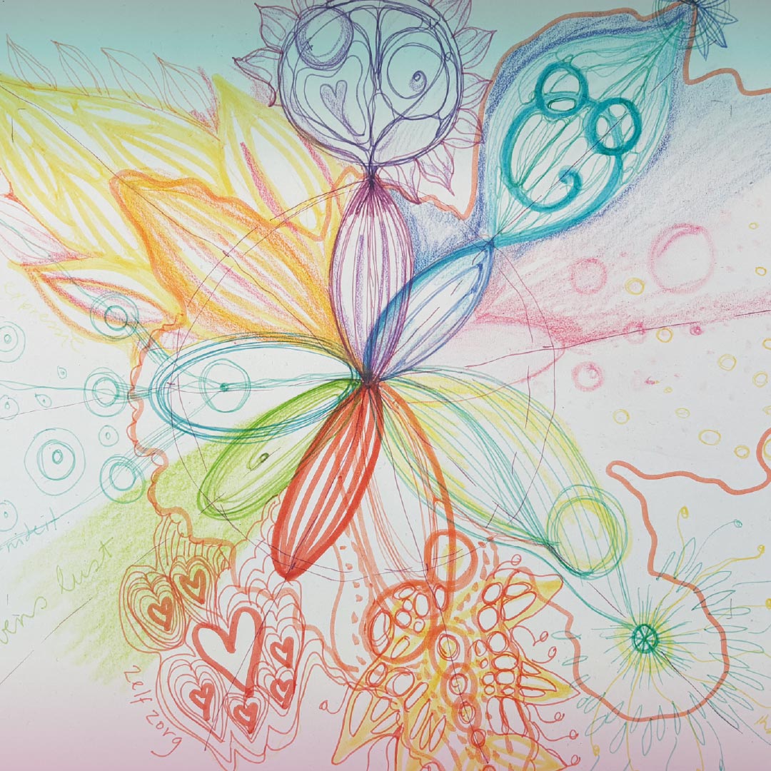 Overzicht van een wensboom-workshop met intuïtieve tekeningen in kleur, papier en stiften op tafel, terwijl deelnemers hun innerlijke proces zichtbaar maken door tekenen.