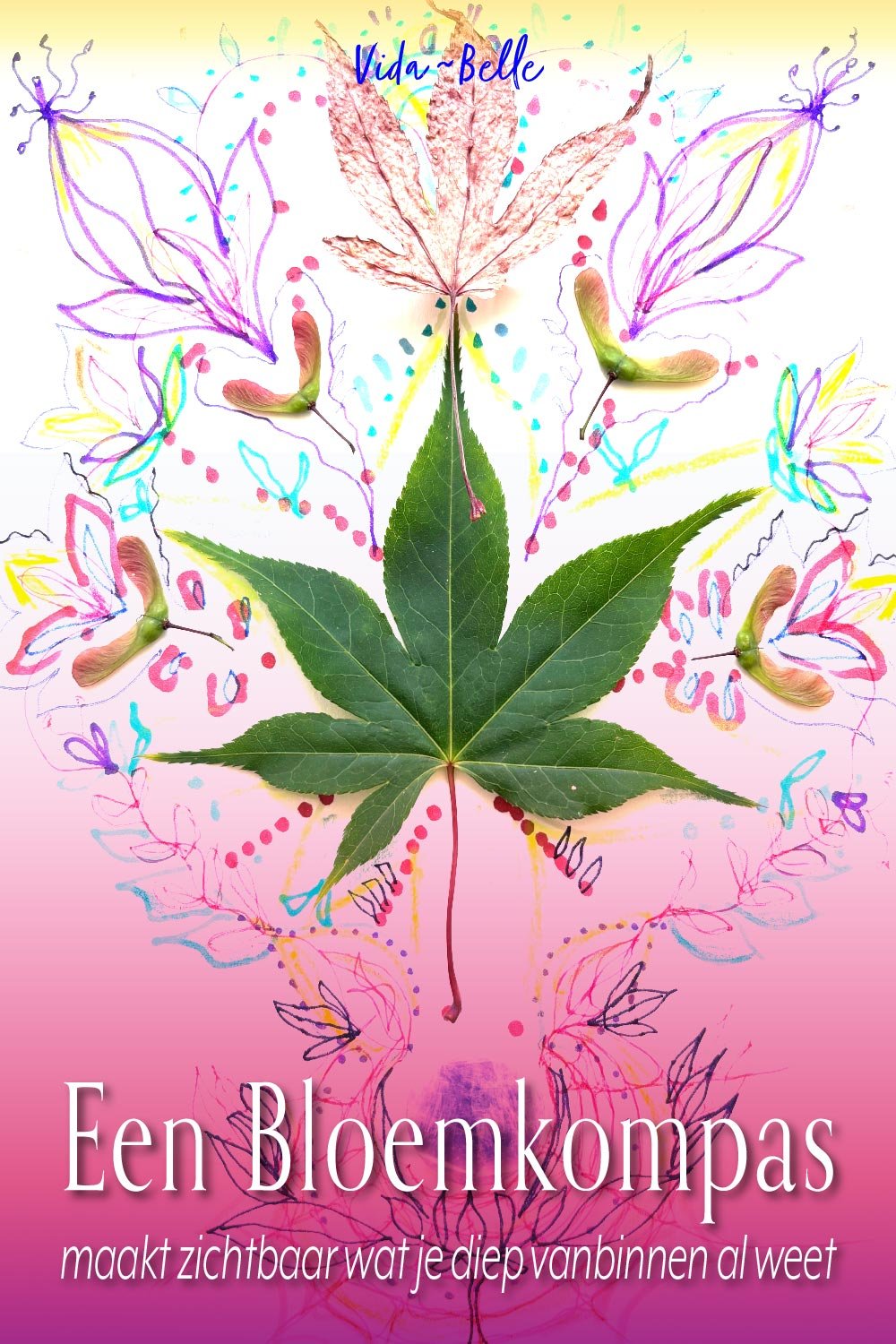 een kleurrijke intuïtieve tekening met elementen uit de natuur en de tekst: bloemkompas maakt zichtbaar wat je vanbinnen weet
